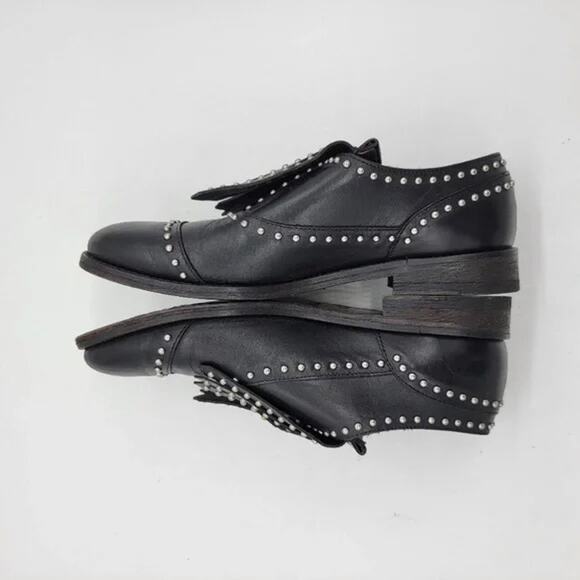 BOEMOS Black Silver Leather Studded Fringe Wingtip Slip On Loafers Size 36 - Picture 3 of 13